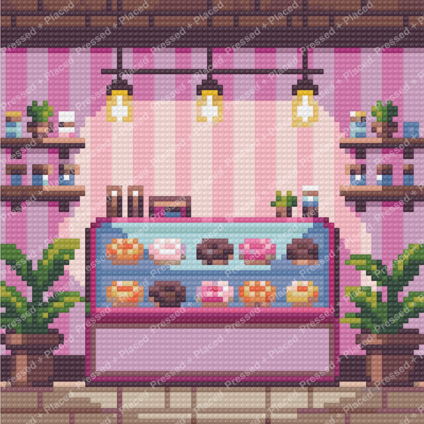 Pastel bakery shop interior with hanging lights, dessert displays, and potted plants