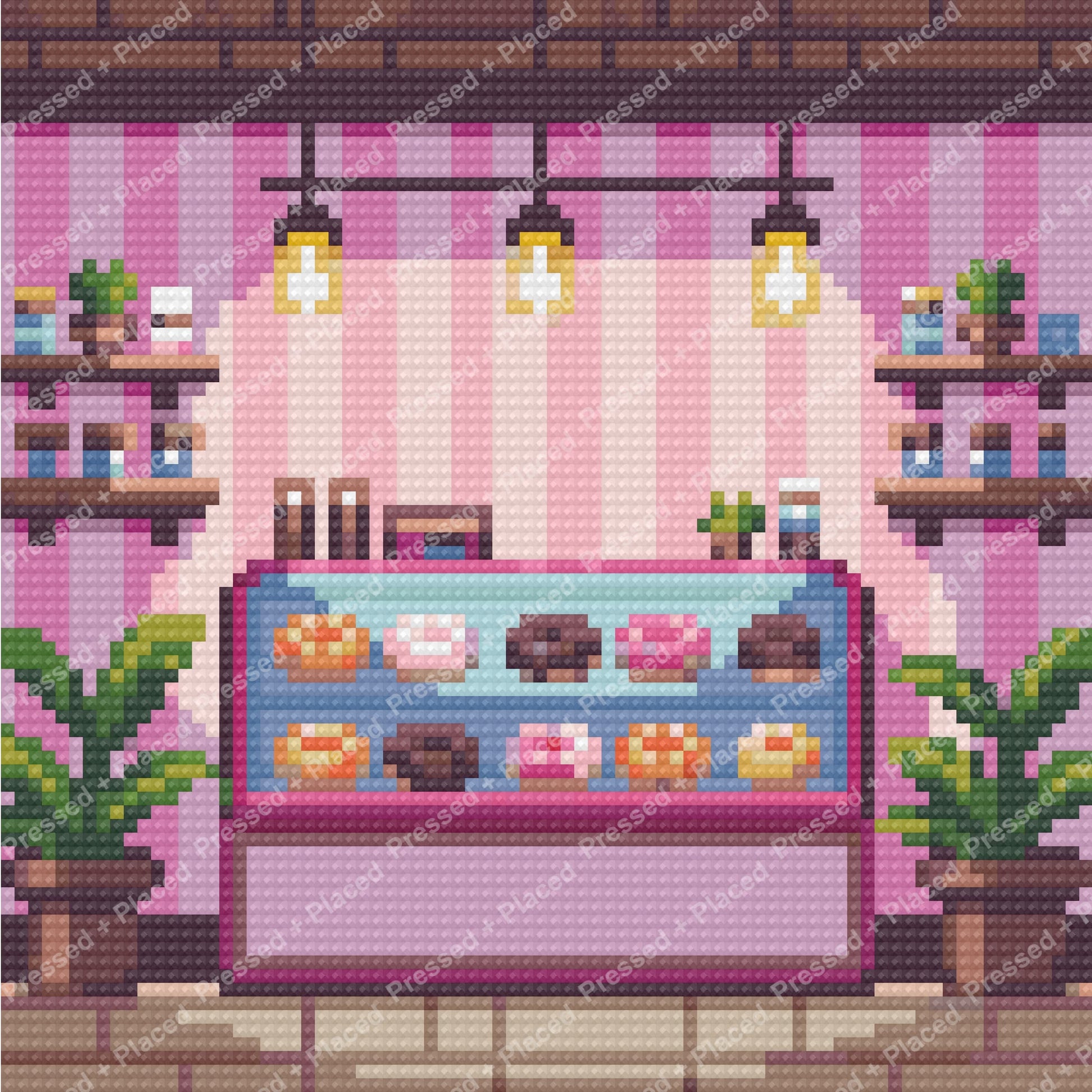 Pastel bakery shop interior with hanging lights, dessert displays, and potted plants