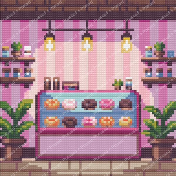 Pastel bakery shop interior with hanging lights, dessert displays, and potted plants