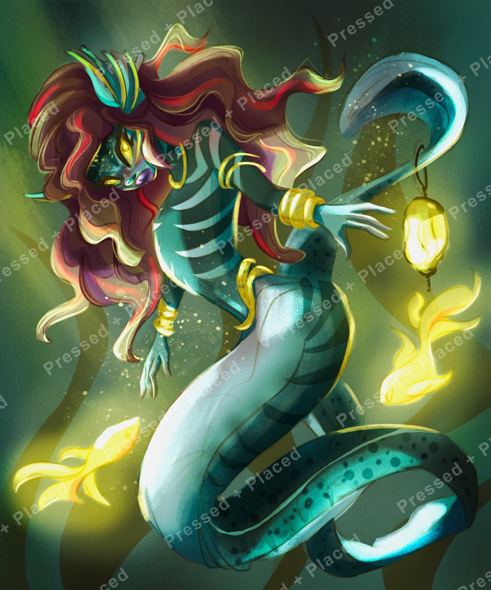 Fantasy mermaid with flowing hair and glowing lanterns in a vibrant teal and gold style