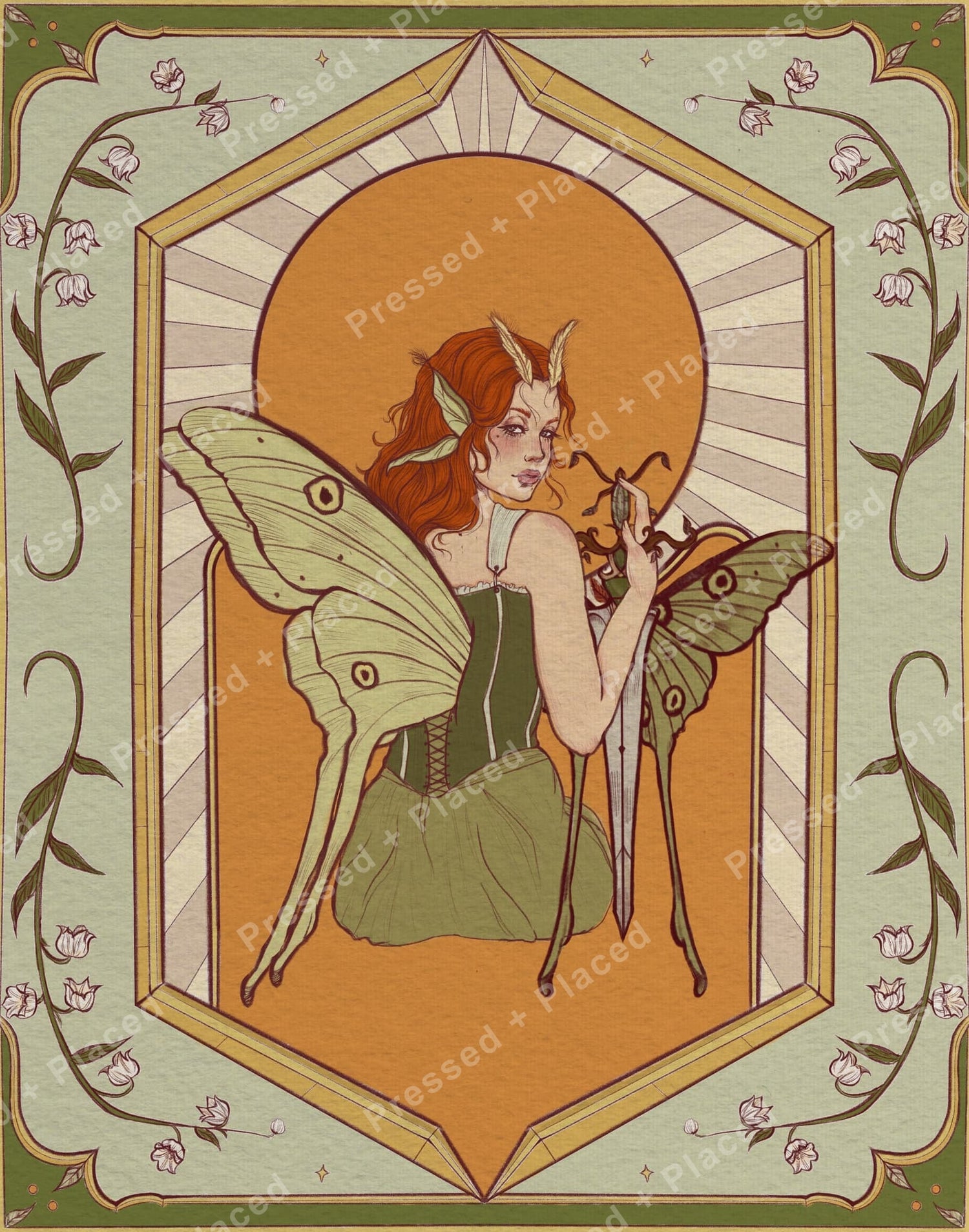 Fantasy fairy with butterfly wings, botanical border, and vintage-style framed art