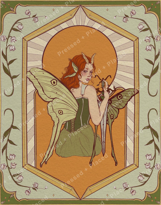 Fantasy fairy with butterfly wings, botanical border, and vintage-style framed art