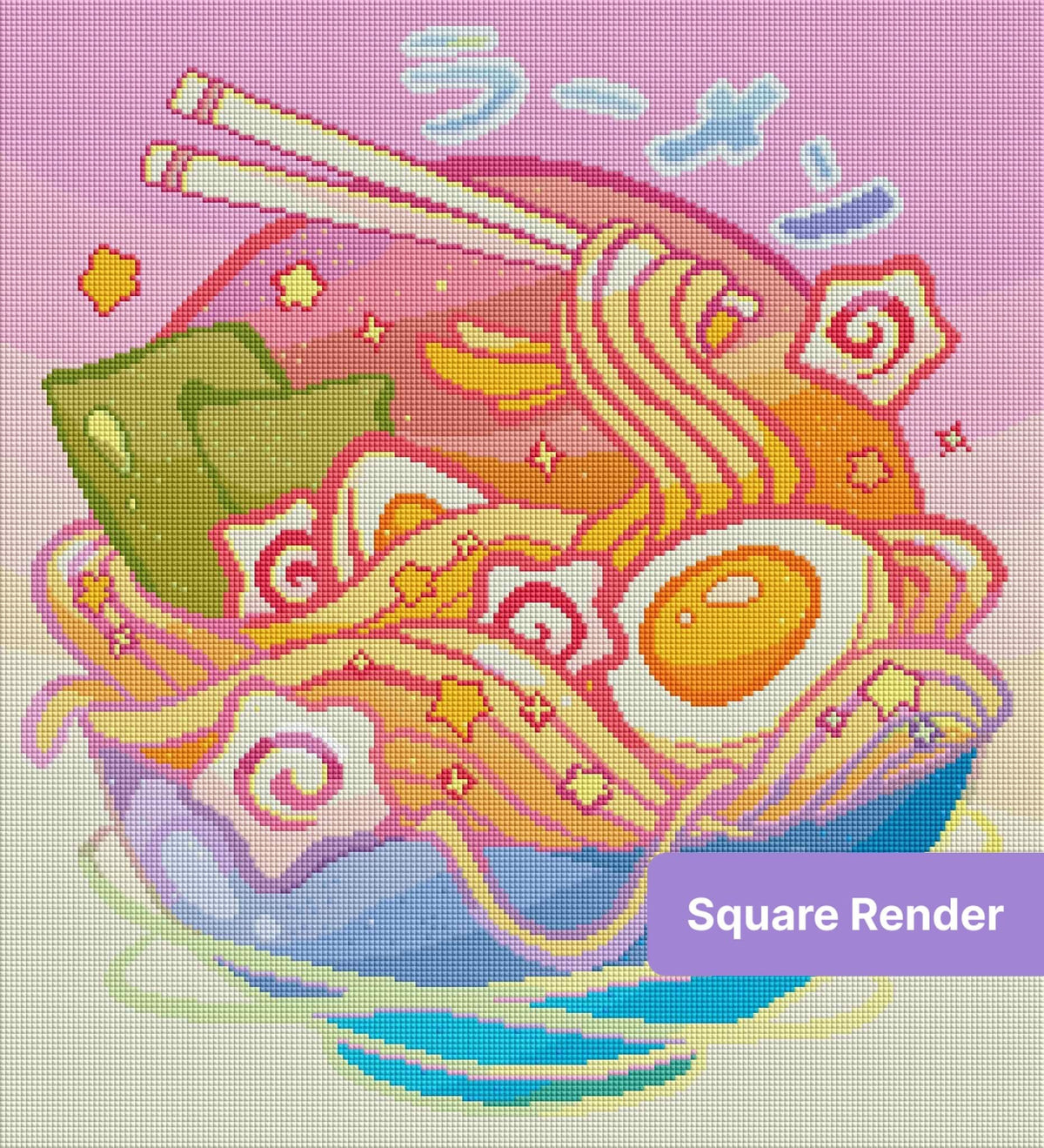 Whimsical rainbow ramen bowl diamond painting with chopsticks and playful pastel swirls