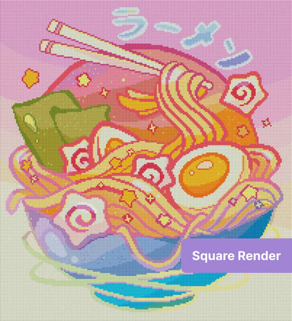 Whimsical rainbow ramen bowl diamond painting with chopsticks and playful pastel swirls