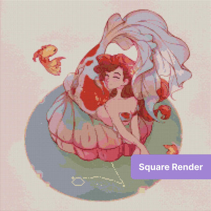 Mermaid girl with flowing fins and goldfish in soft pastel fantasy style