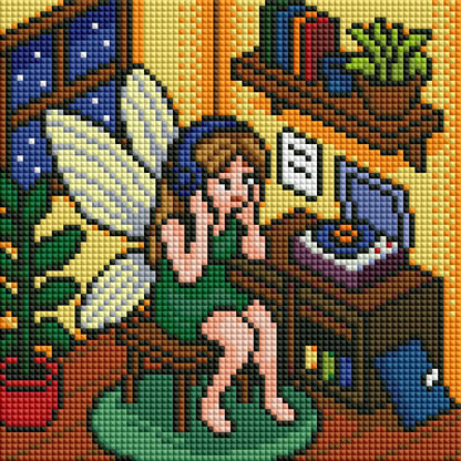 Four whimsical fairy-themed diamond art panels with colorful fantasy scenes and magical details