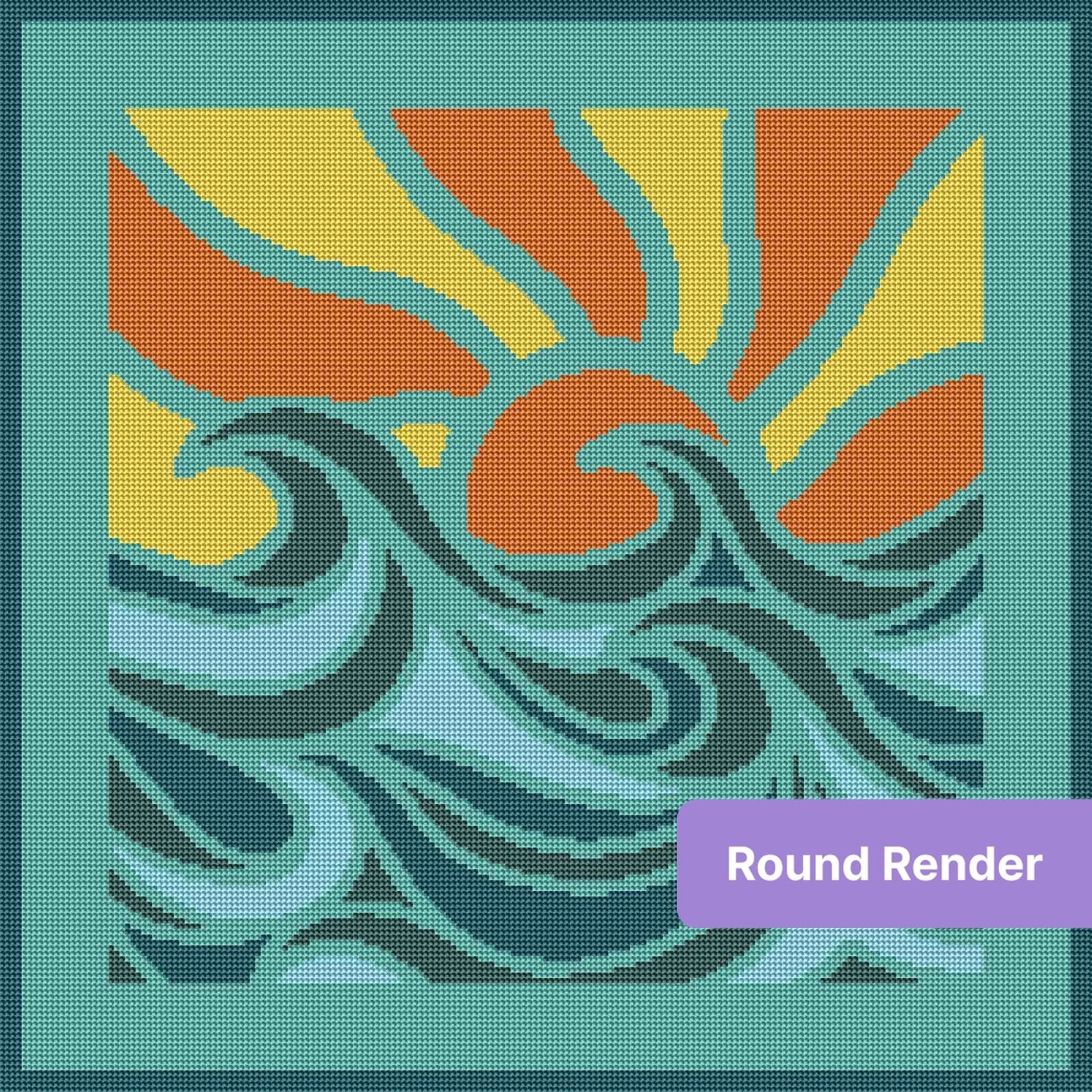 Abstract sunset and wave diamond painting with flowing teal, orange, and yellow shapes