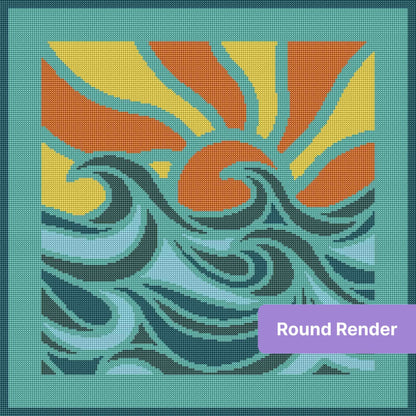 Abstract sunset and wave diamond painting with flowing teal, orange, and yellow shapes