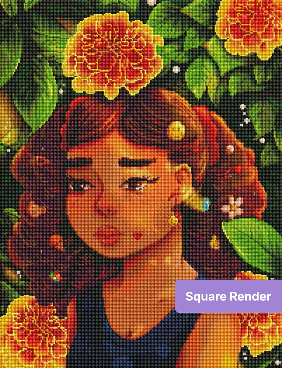 Illustrated girl with floral hair accessories surrounded by glowing marigolds and green leaves