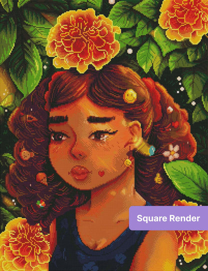 Illustrated girl with floral hair accessories surrounded by glowing marigolds and green leaves