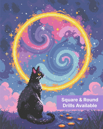 Black cat sitting under glowing rainbow moon portal in a dreamy fantasy sky