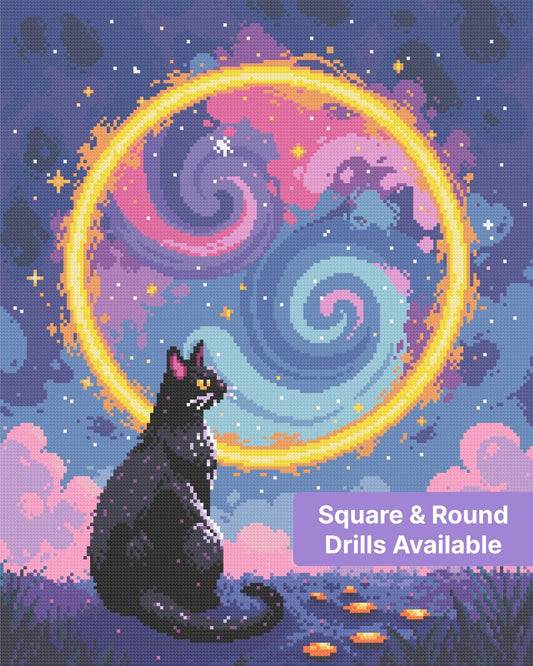 Black cat sitting under glowing rainbow moon portal in a dreamy fantasy sky
