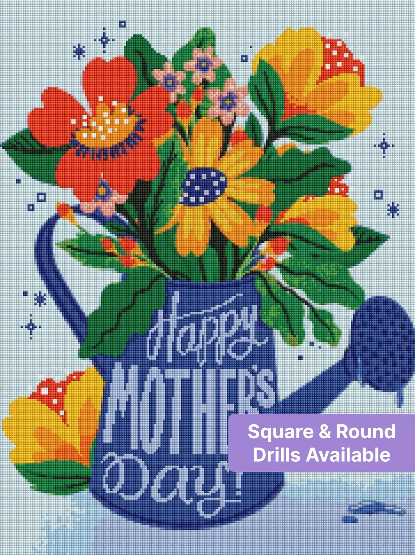 Floral watering can with bright flowers and Happy Mothers Day text in colorful whimsical style