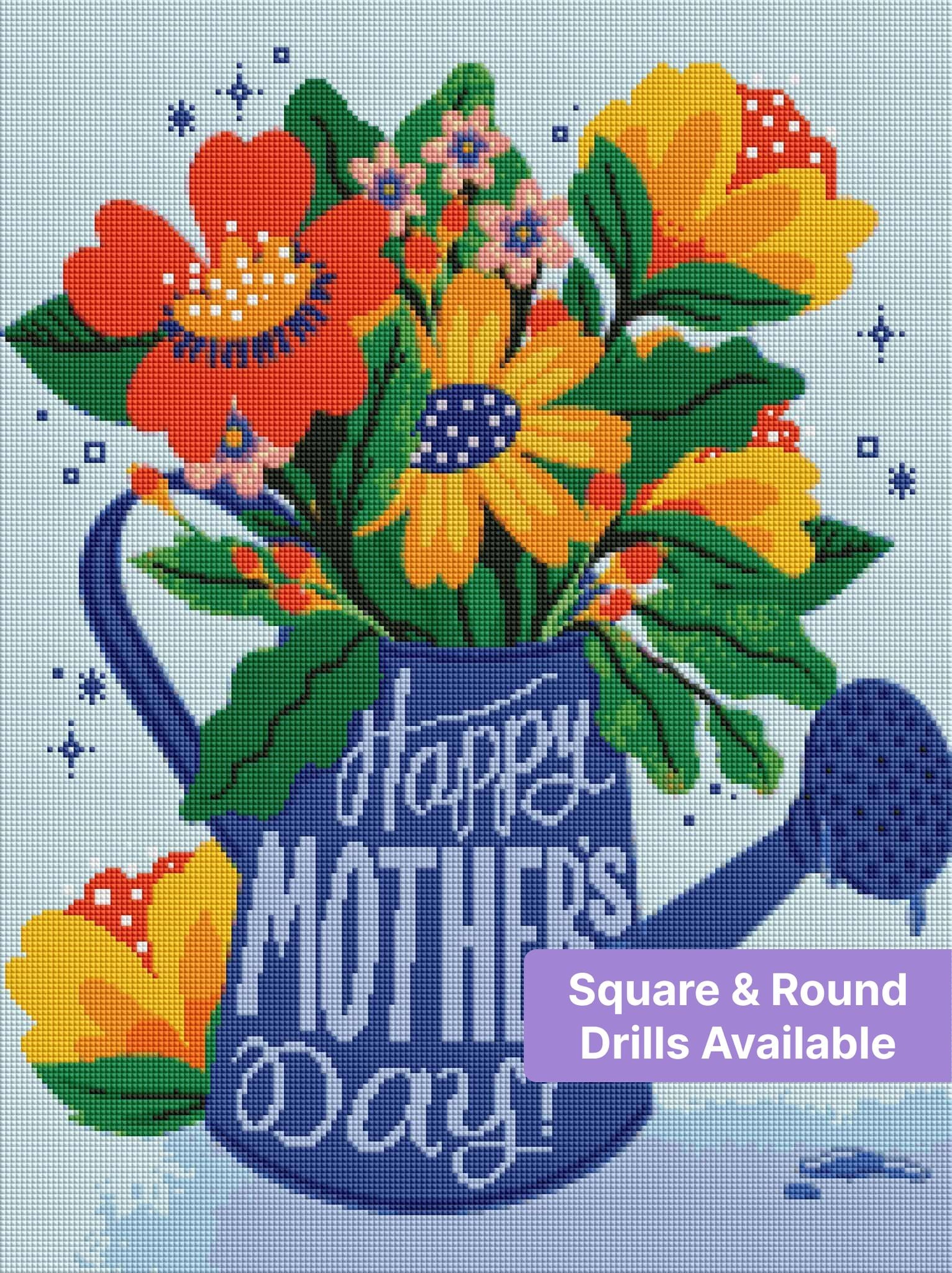 Floral watering can with bright flowers and Happy Mothers Day text in colorful whimsical style