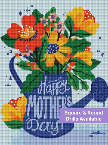 Floral watering can with bright flowers and Happy Mothers Day text in colorful whimsical style