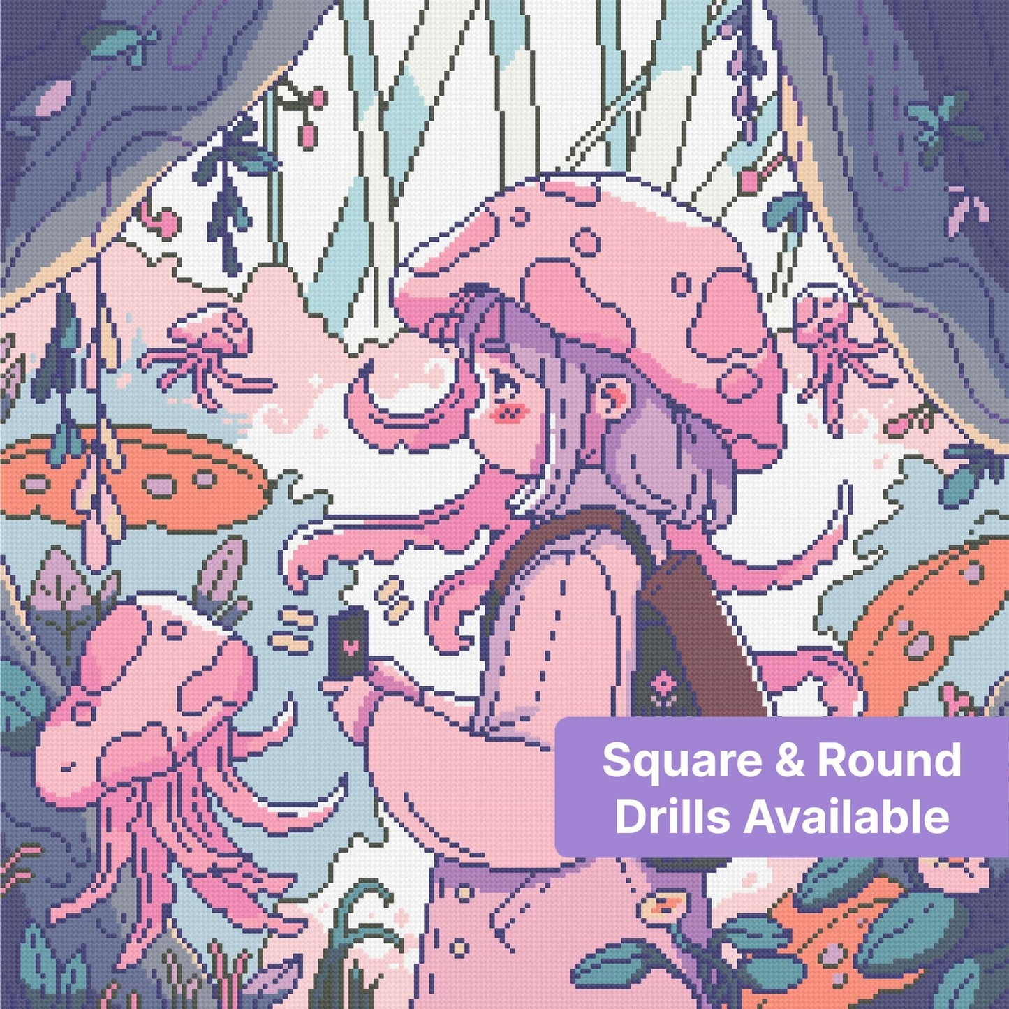 Cute mushroom girl in a pastel fantasy forest with flowers, vines, and jellyfish-like mushrooms