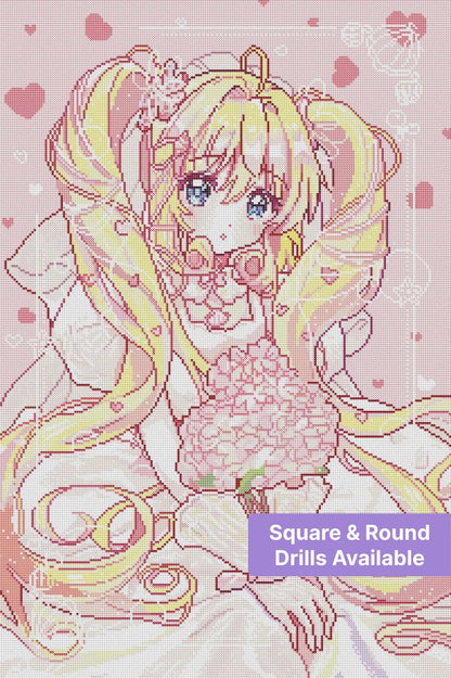 Cute anime girl with blonde twin tails, pastel flowers, and soft pink heart accents