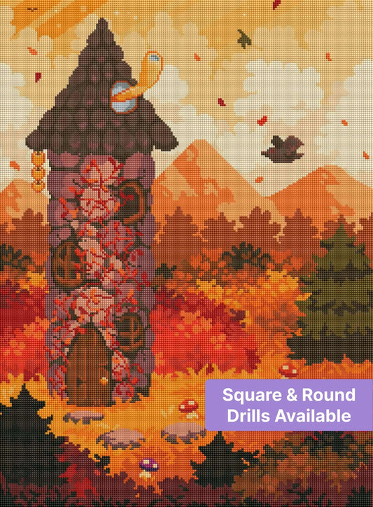 Pixel art forest tower surrounded by vivid autumn trees and warm mountain scenery