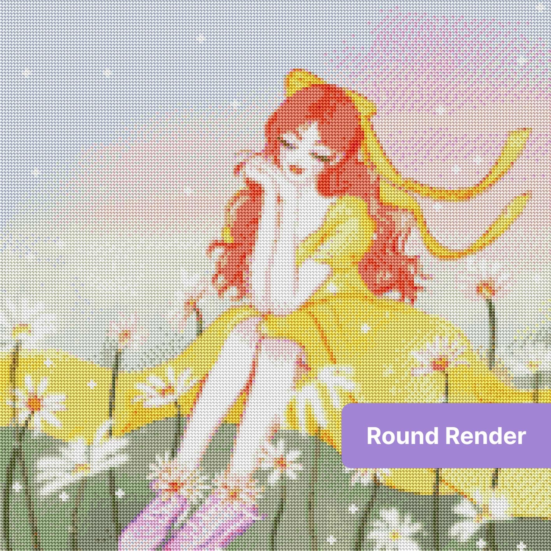 Pastel girl in yellow dress with daisies and soft fantasy sparkles
