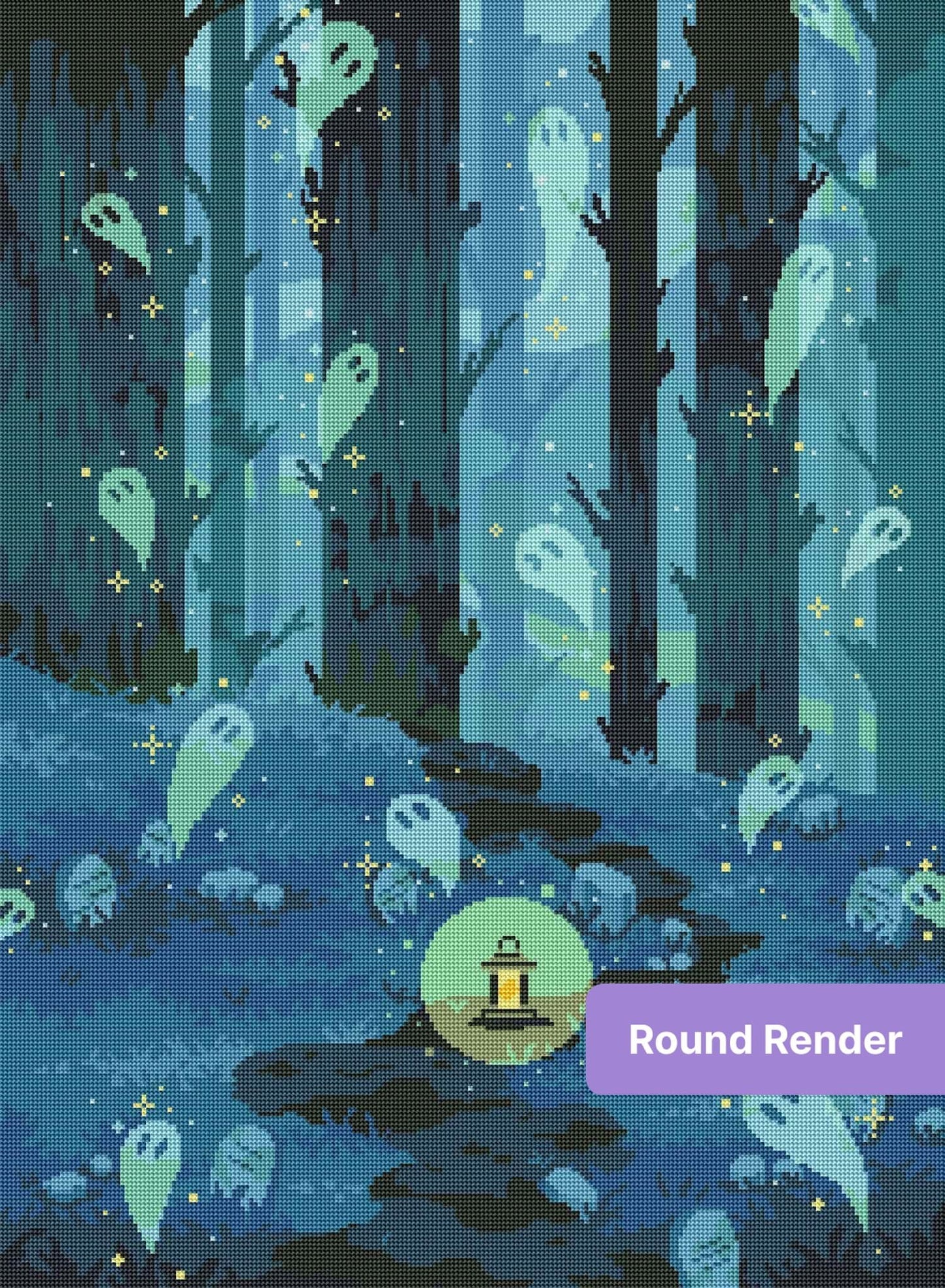 Pixel art ghost forest with lantern-lit path, glowing spirits, and teal woodland tones