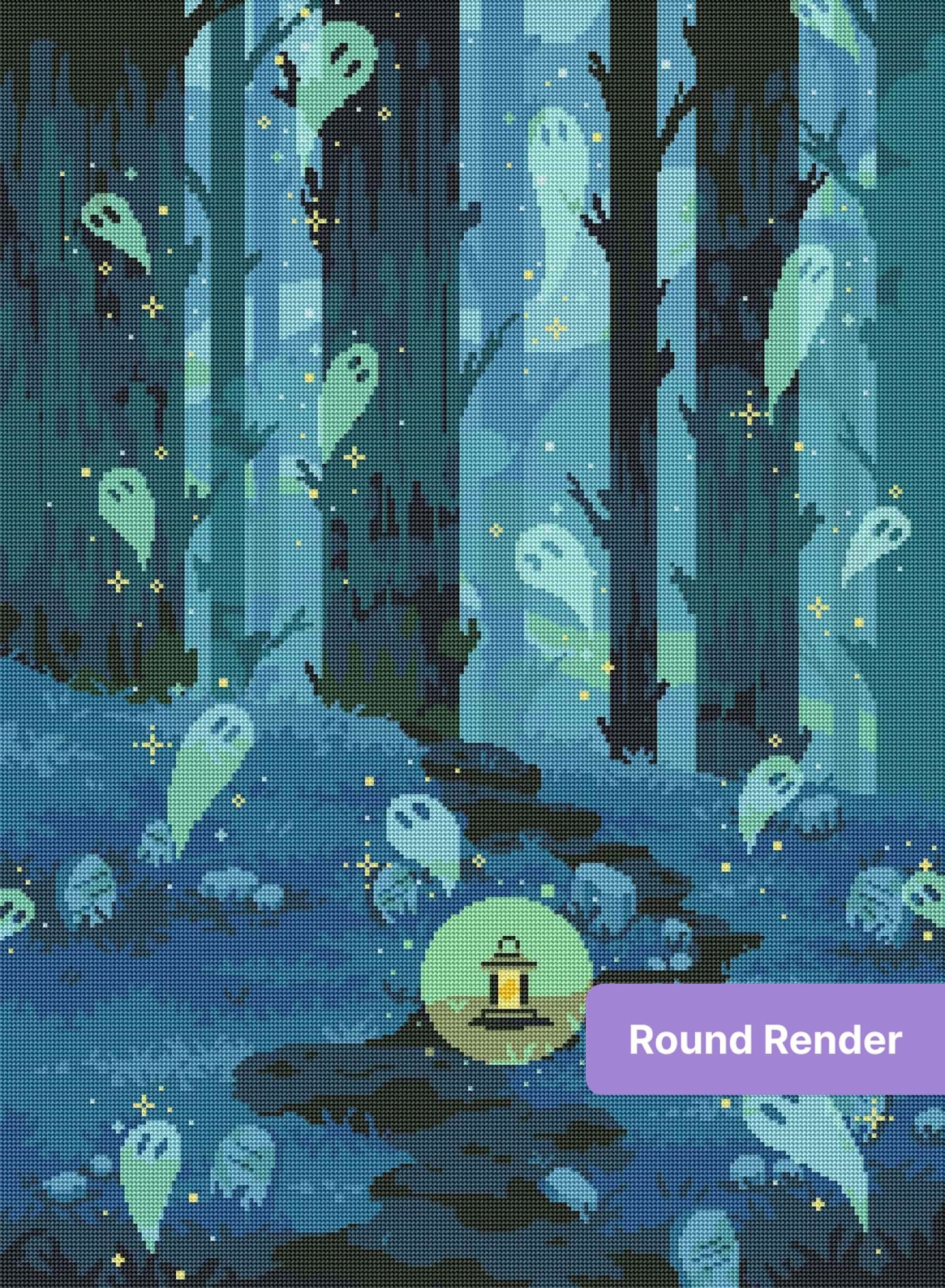 Pixel art ghost forest with lantern-lit path, glowing spirits, and teal woodland tones