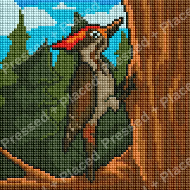 Woodpecker perched on a tree branch in a colorful forest scene, realistic style