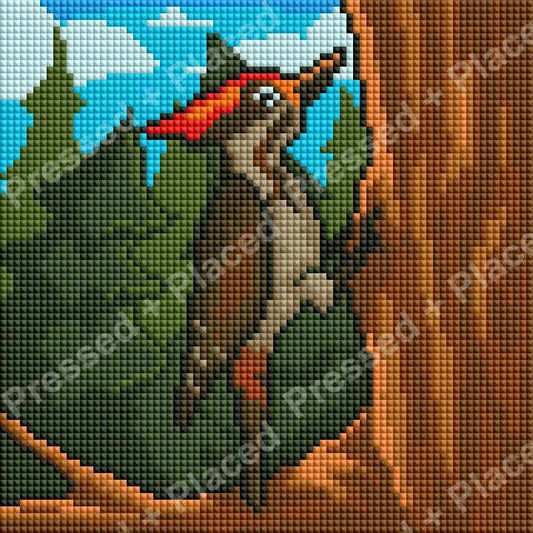 Woodpecker perched on a tree branch in a colorful forest scene, realistic style