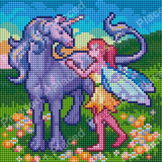 Purple unicorn and fairy in a colorful fantasy meadow with flowers