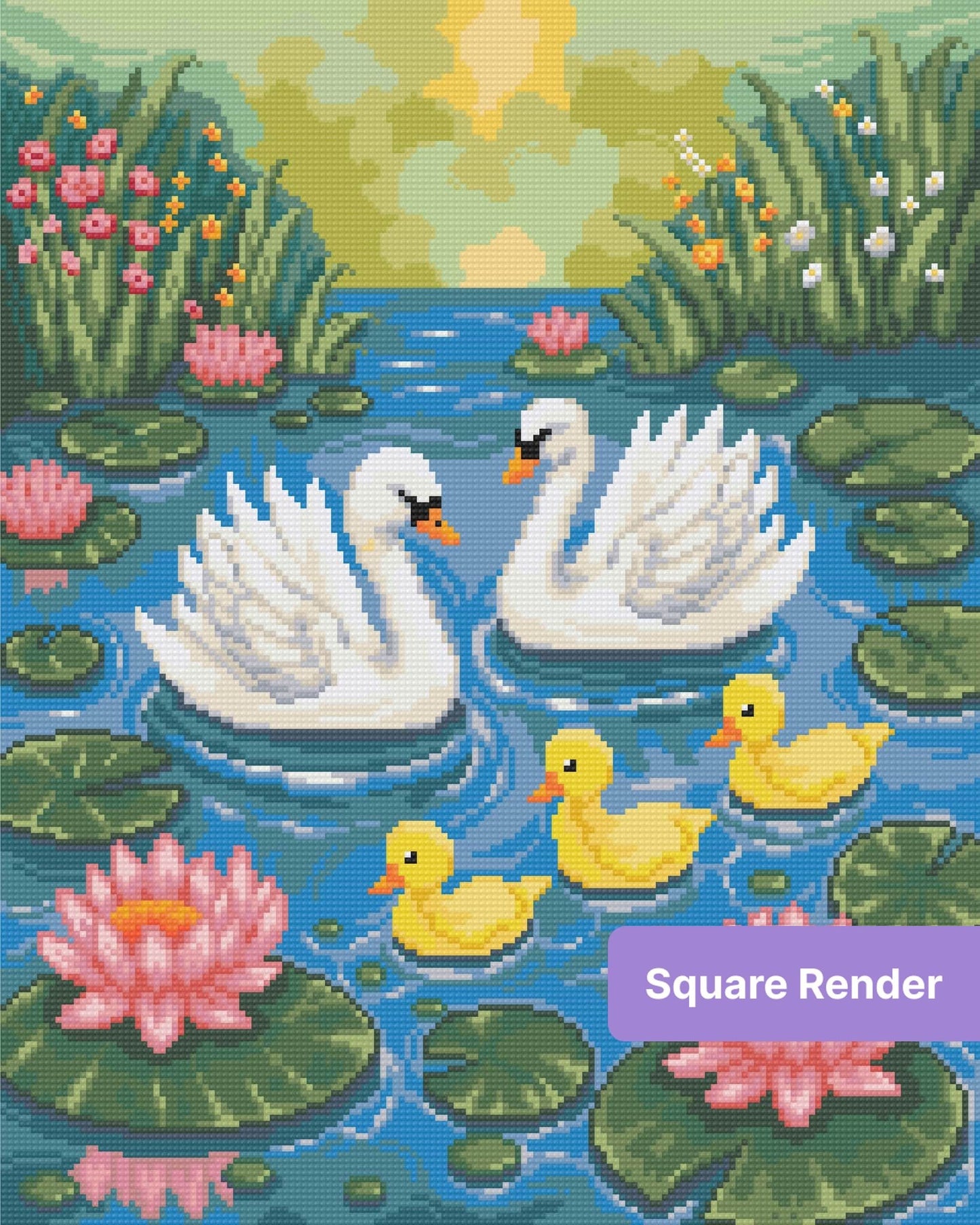 Swan family with ducklings on a lily pond in colorful mosaic style