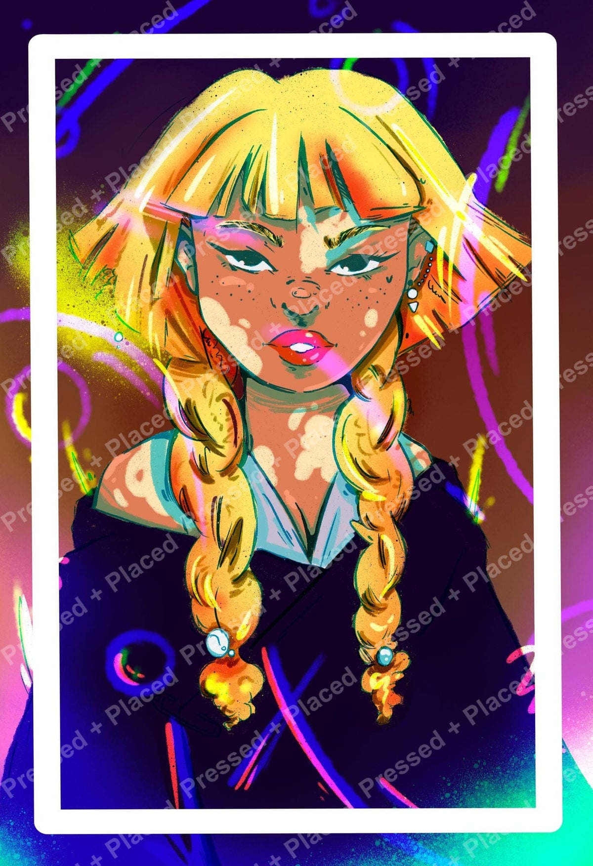 Neon pop-art portrait of a blonde woman with braids and vibrant glowing colors