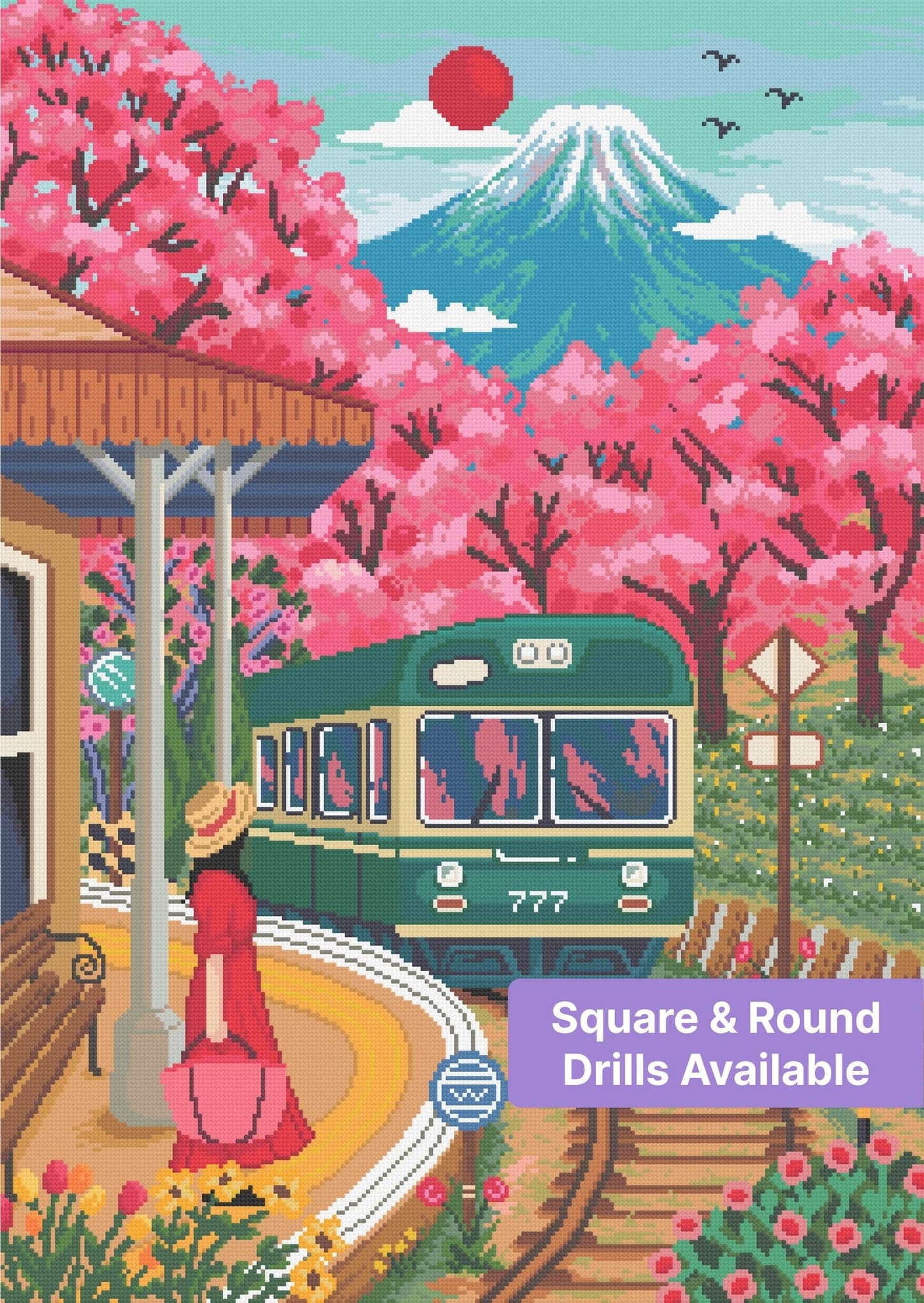 Cherry blossom train station landscape with mountain, vibrant pink trees, and vintage teal train
