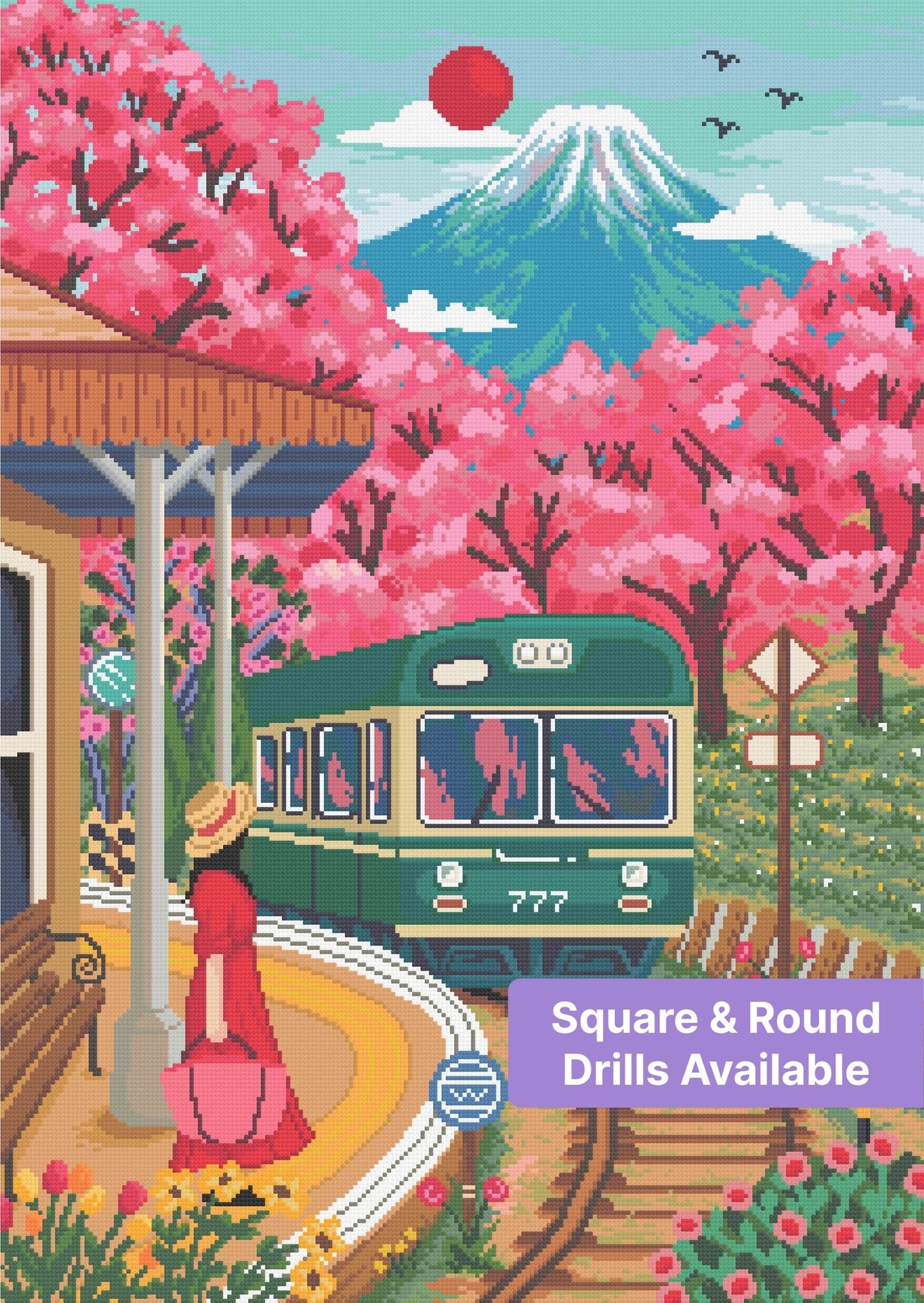 Cherry blossom train station landscape with mountain, vibrant pink trees, and vintage teal train