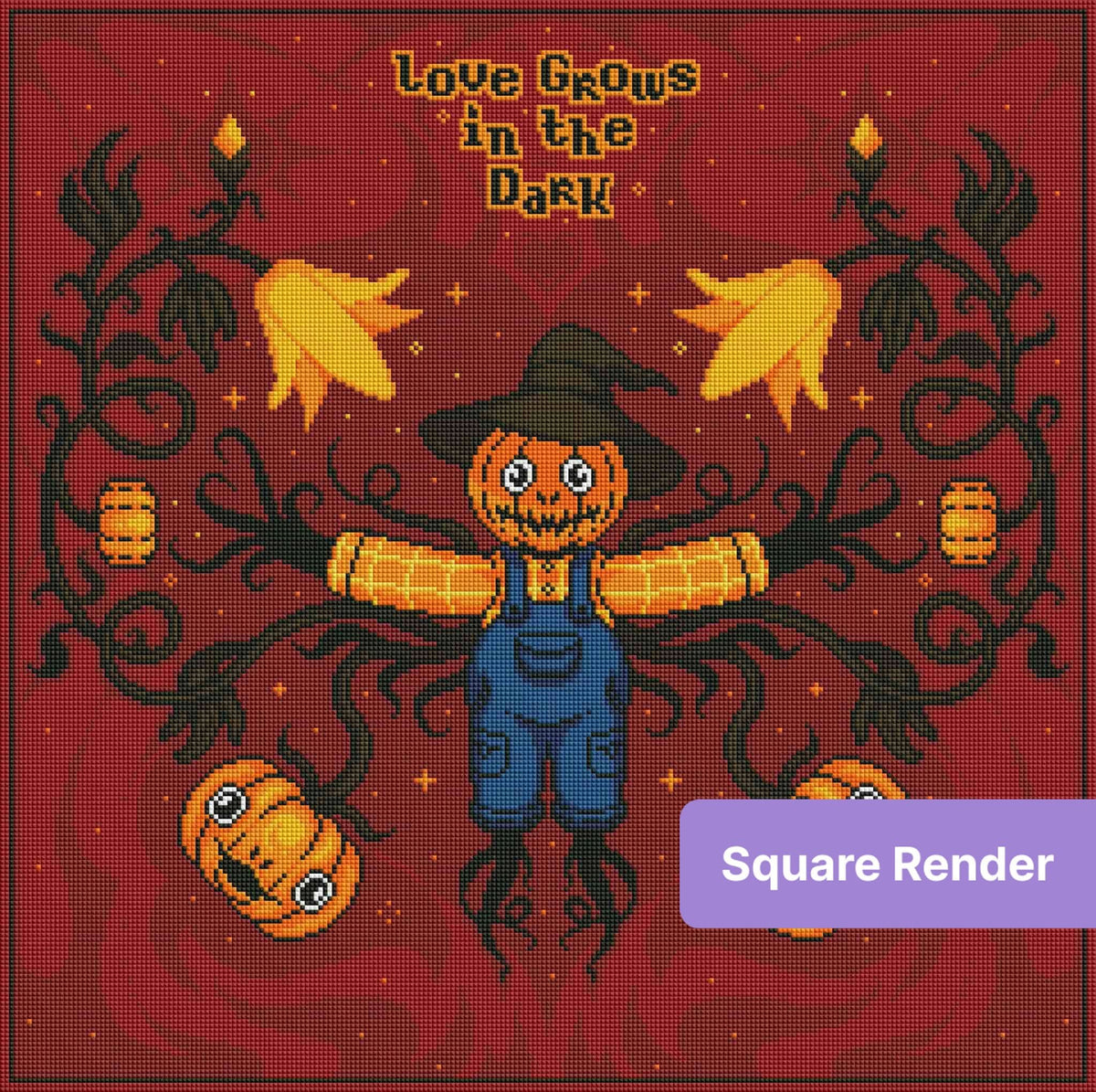 Pixel art scarecrow with pumpkins, candles, and dark vines on a red Halloween background