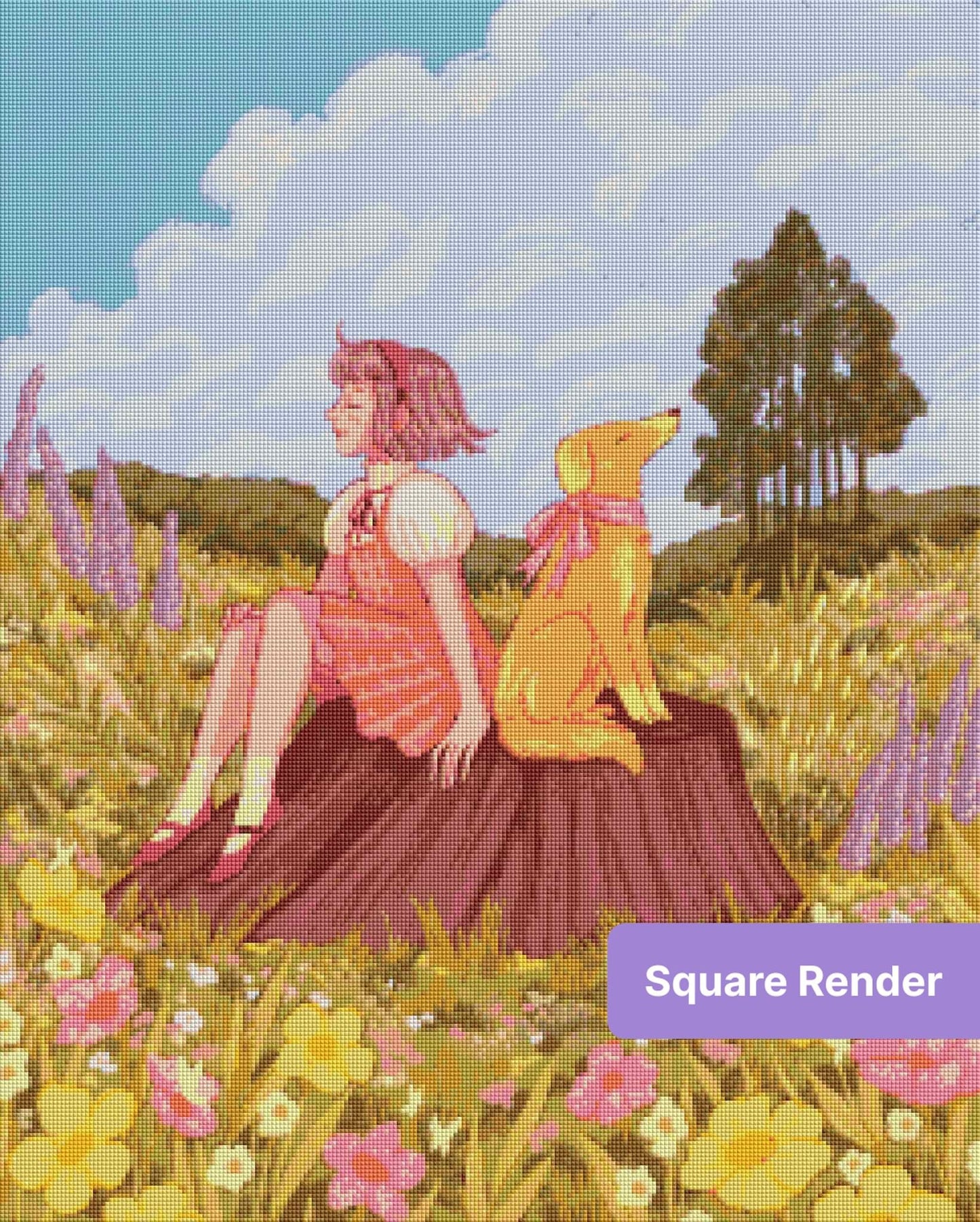 Pastel girl and dog sitting on a tree stump in a flower-filled meadow
