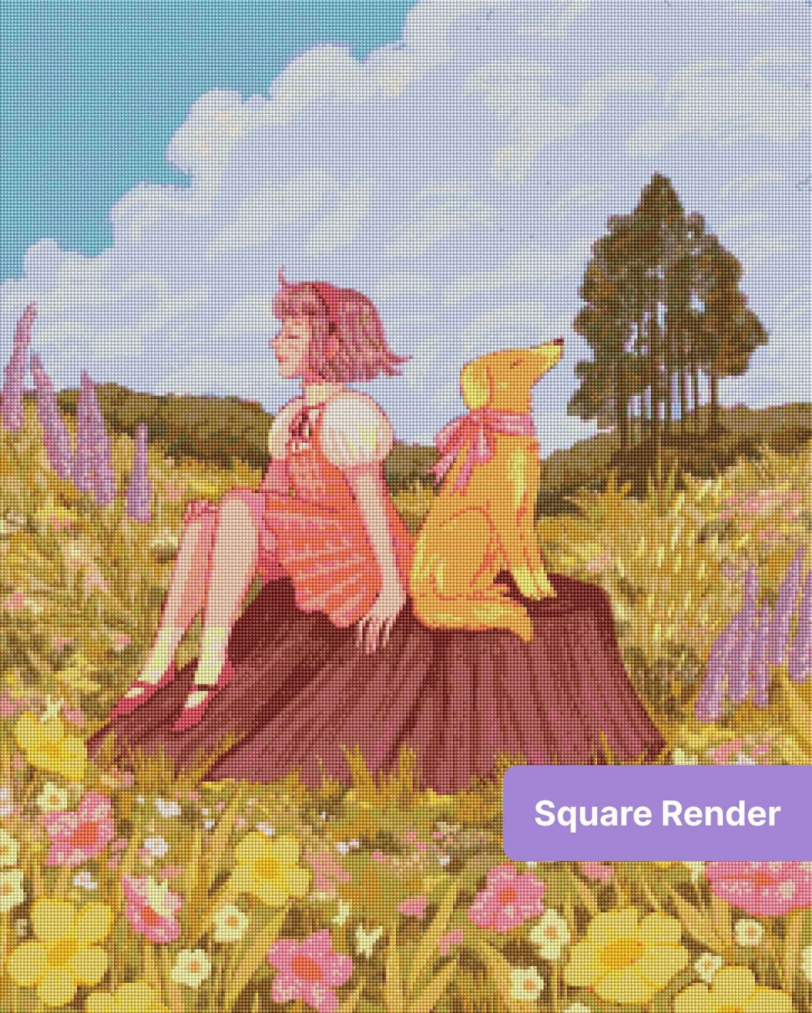 Pastel girl and dog sitting on a tree stump in a flower-filled meadow