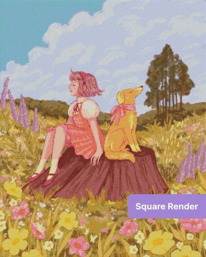 Pastel girl and dog sitting on a tree stump in a flower-filled meadow