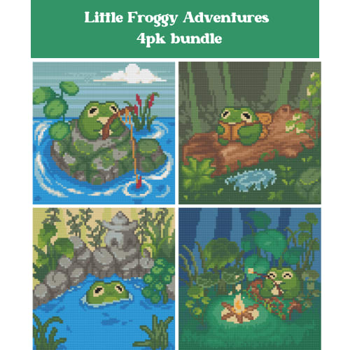 Four cute frog scenes in a whimsical cartoon-style diamond painting bundle