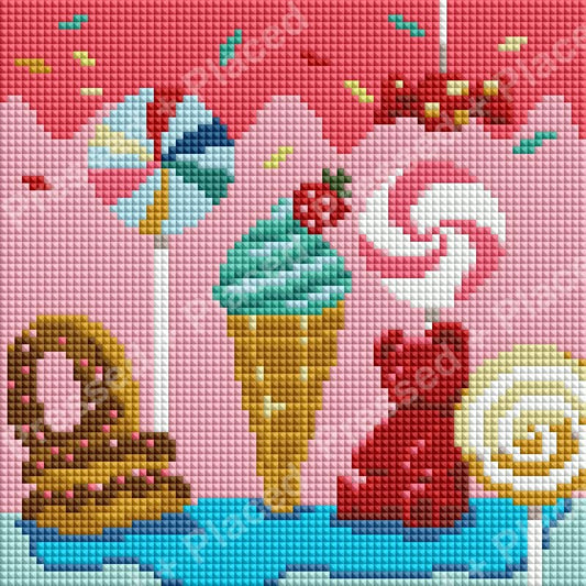 Candy-themed diamond painting with lollipops, ice cream, and sweet treats on a pink background