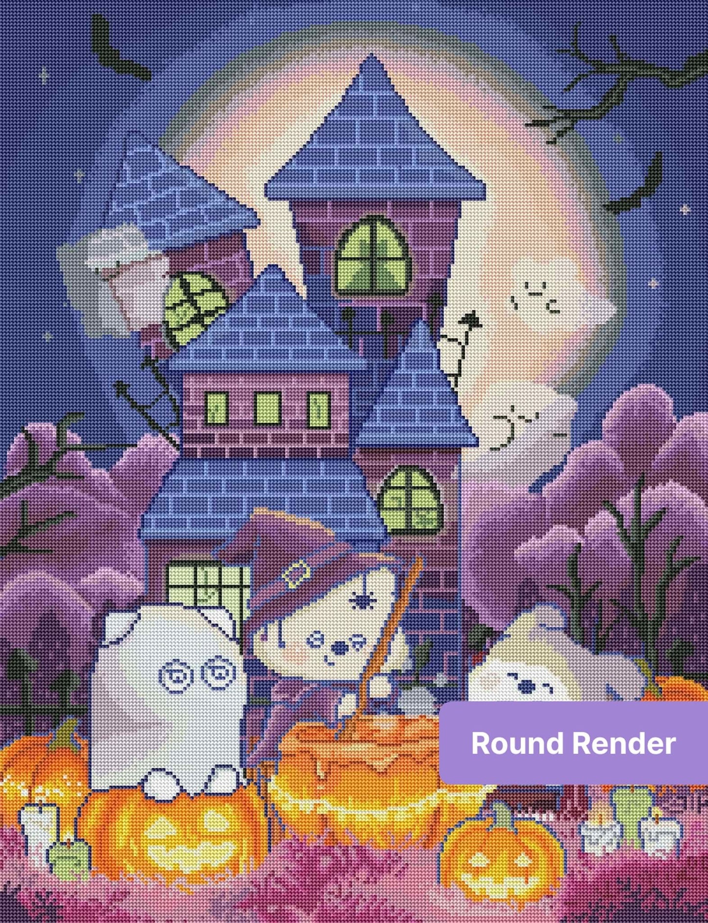 Cute Halloween witch and ghosts in front of a spooky castle with pumpkins and moonlight