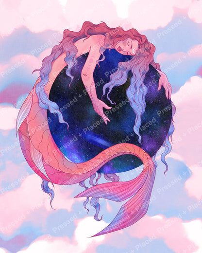 Sleeping mermaid with galaxy body, flowing pastel hair, and soft cloud background