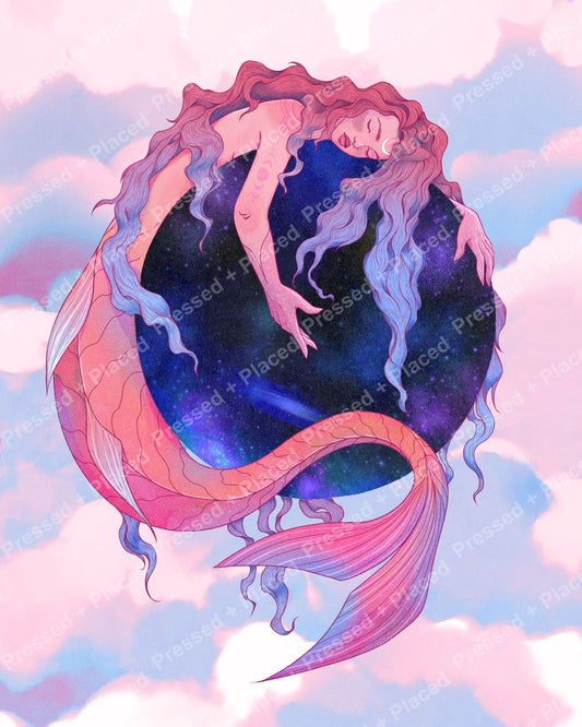 Sleeping mermaid with galaxy body, flowing pastel hair, and soft cloud background