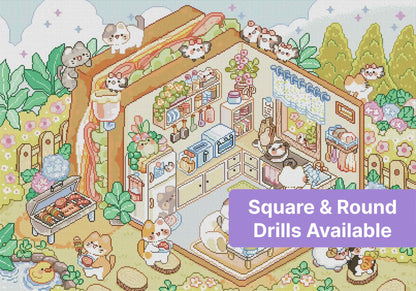 Cute cat cafe cottage with pastel animals, flowers, and a cozy garden kitchen scene