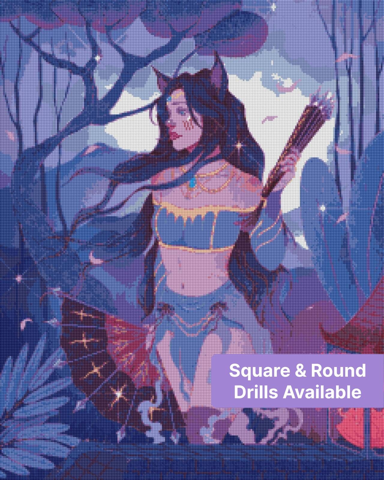 Fantasy cat girl with long flowing hair, moonlit trees, and drifting petals in blue-purple tones