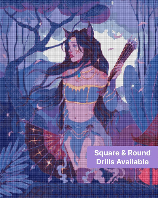 Fantasy cat girl with long flowing hair, moonlit trees, and drifting petals in blue-purple tones