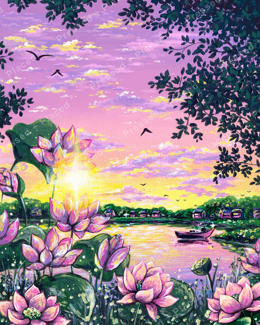 Painted lotus pond sunset with pink blossoms, birds, and a small boat in a dreamy landscape
