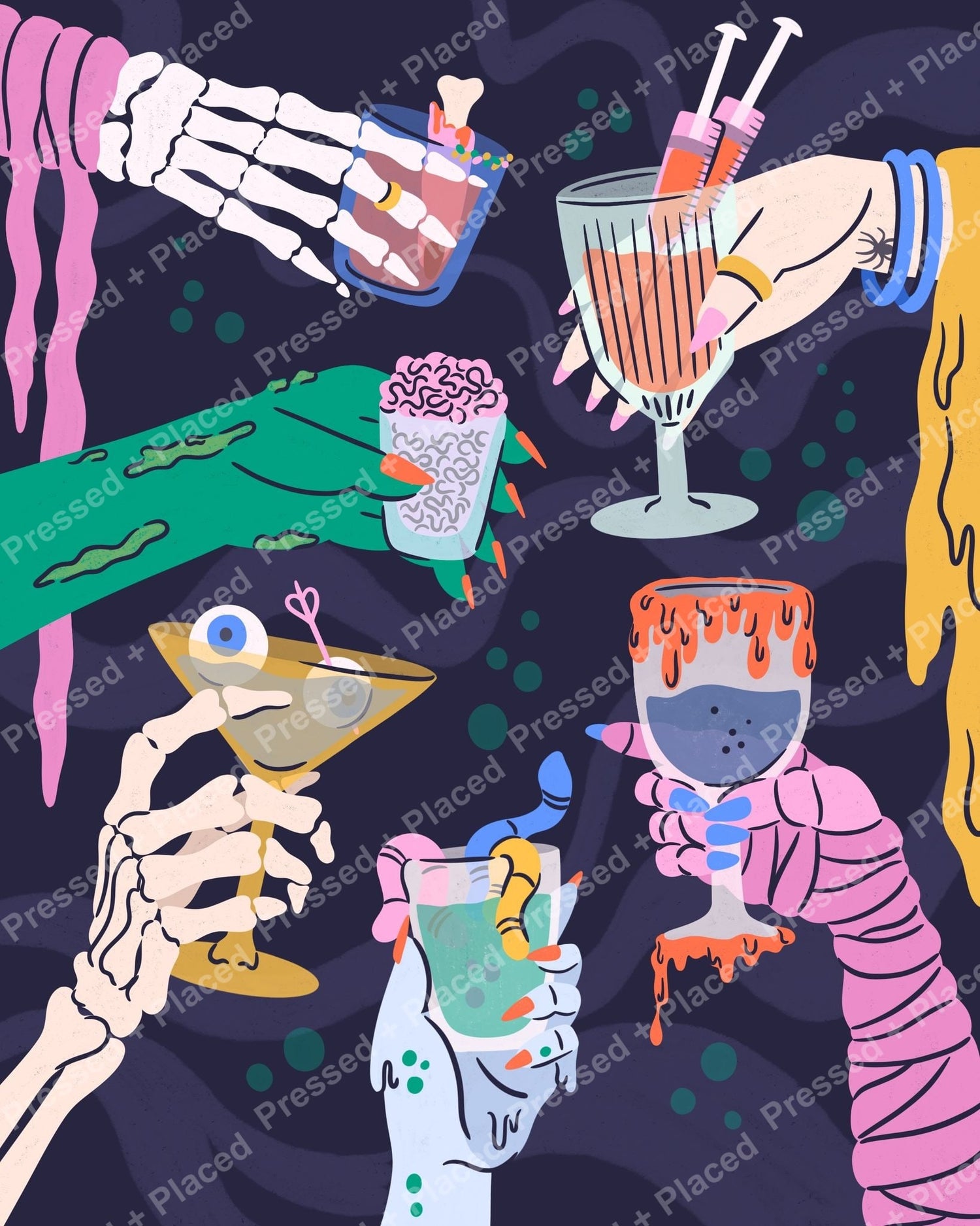 Stylized skeleton hands holding colorful cocktails in a spooky gothic party scene