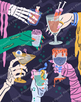 Stylized skeleton hands holding colorful cocktails in a spooky gothic party scene