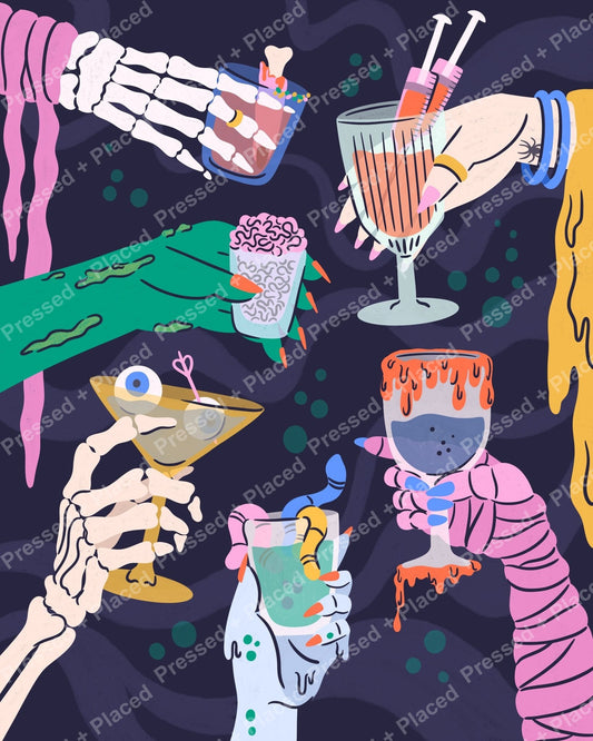 Stylized skeleton hands holding colorful cocktails in a spooky gothic party scene