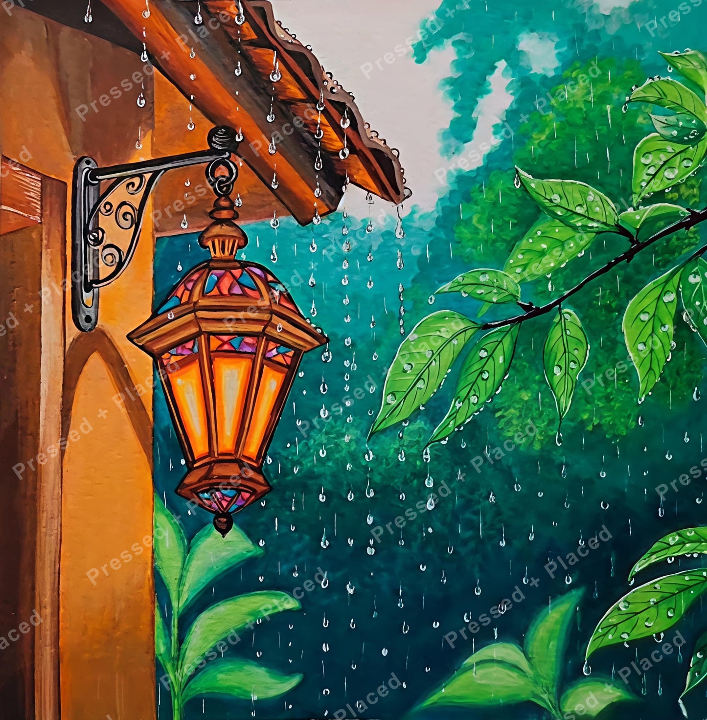 Glowing lantern beside rain-soaked leaves in a vibrant painted outdoor scene