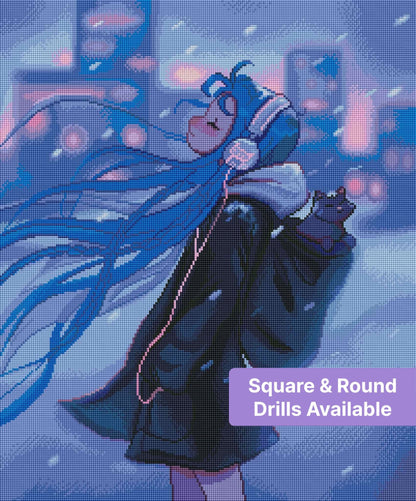 Anime-style girl with flowing blue hair, headphones, and a small cat in a snowy blue scene